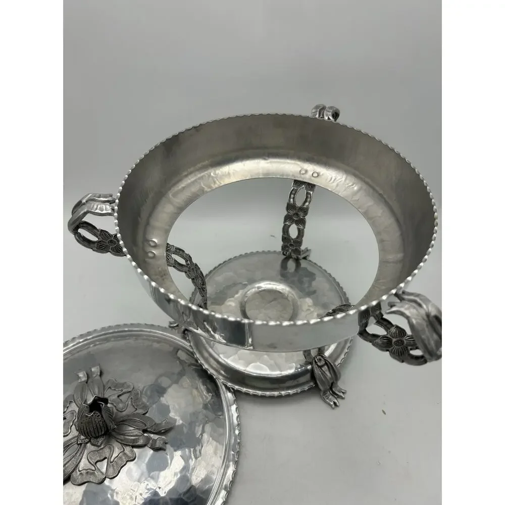 Pyrex Food Warmer Chafing Hammered Aluminum Rodney Kent 1950s MCM Tulip.